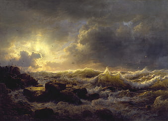 Dramatic Seascape Painting with Stormy Waves and Golden Light