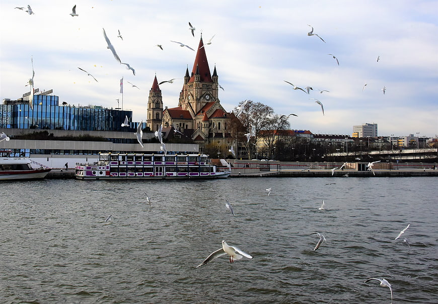 St. Francis of Assisi Church and Seagulls on the Danube River in Vienna