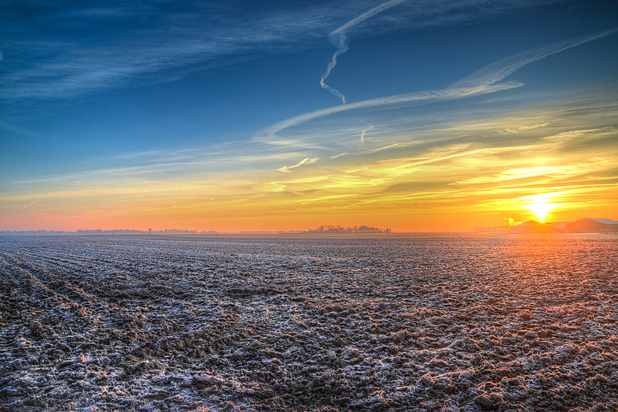 Frosty agricultural field at sunrise with golden sky
