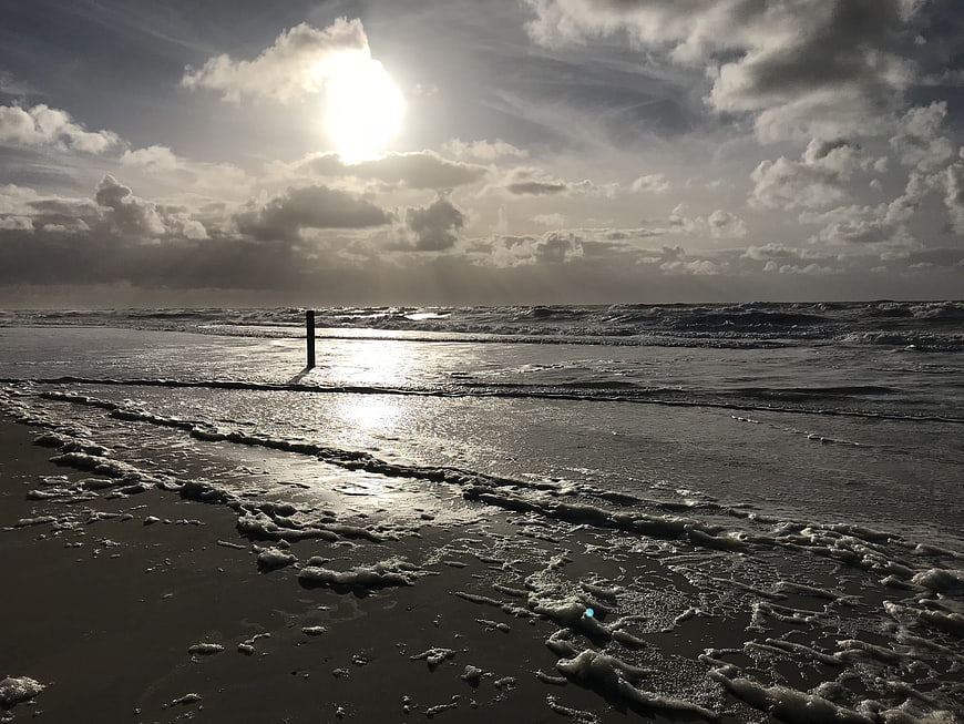 Dramatic Black and White Seascape with Sunlight on Wet Sand