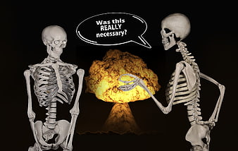Two skeletons discussing a nuclear explosion with speech bubble