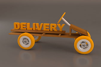 3D Rendered Wooden Delivery Cart With Orange Wheels And Text