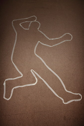White chalk outline of human body on brown textured background
