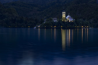 Lake Bled Island Church at Night with Reflections