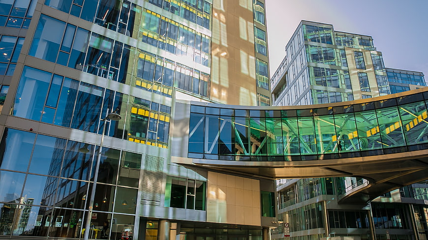 Modern Glass Office Buildings with Skybridge