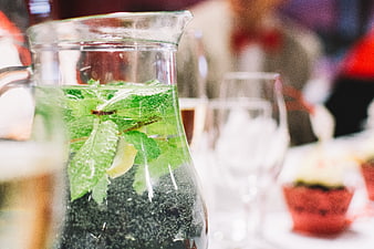 Glass Pitcher of Sparkling Mint Water with Lemon