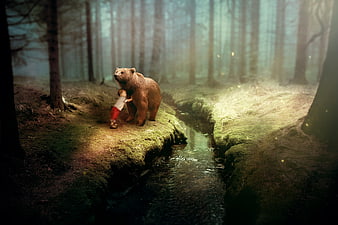 Mystical Fantasy Scene of Child Hugging Bear in Misty Forest