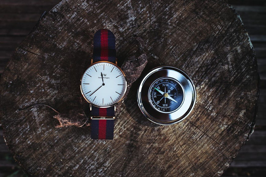 Vintage Watch and Compass on Wooden Log
