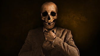 Dramatic Portrait of Man in Suit Wearing Realistic Skull Mask