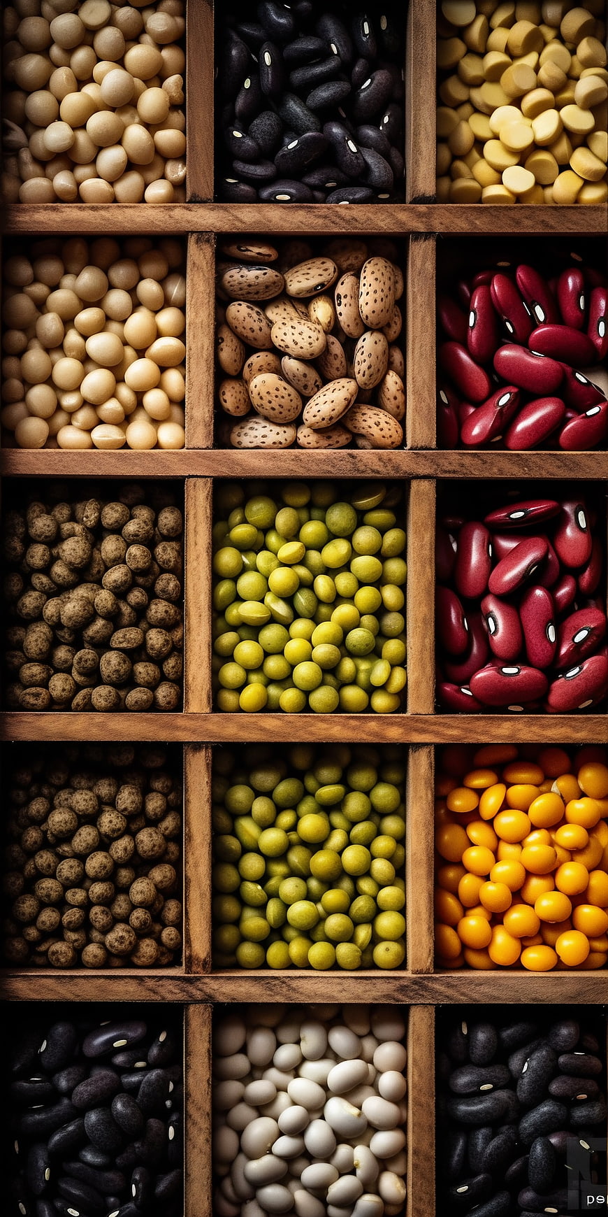 Top View of Assorted Dried Beans in Wooden Compartments