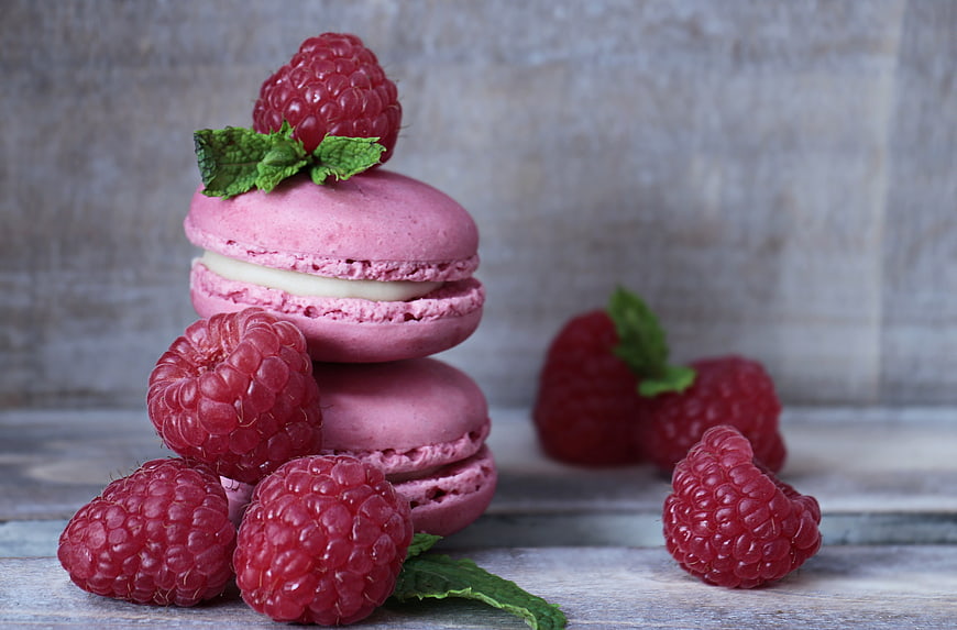 Pink Raspberry Macarons with Fresh Berries and Mint