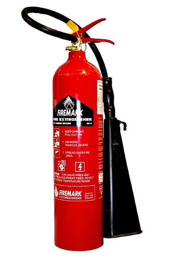 Red Firemark CO2 Fire Extinguisher with Black Horn on White Background
