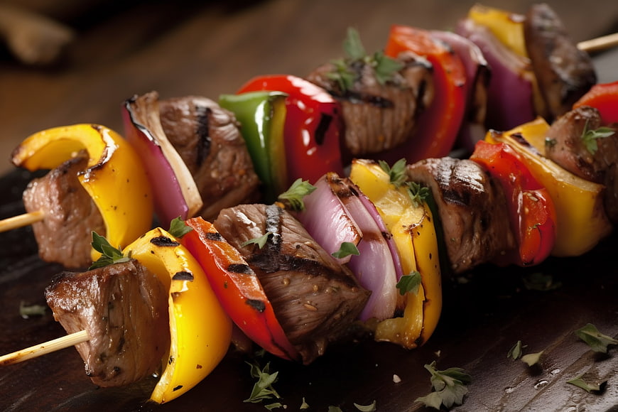 Grilled Beef and Vegetable Kebabs on Wooden Skewers