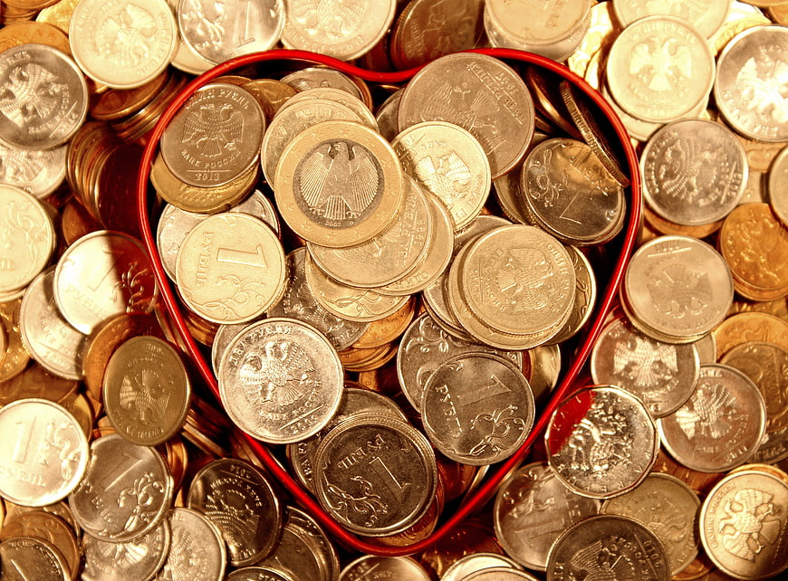 Russian Ruble Coins in Red Heart Container