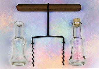 Vintage Corkscrew and Glass Bottles on Iridescent Background