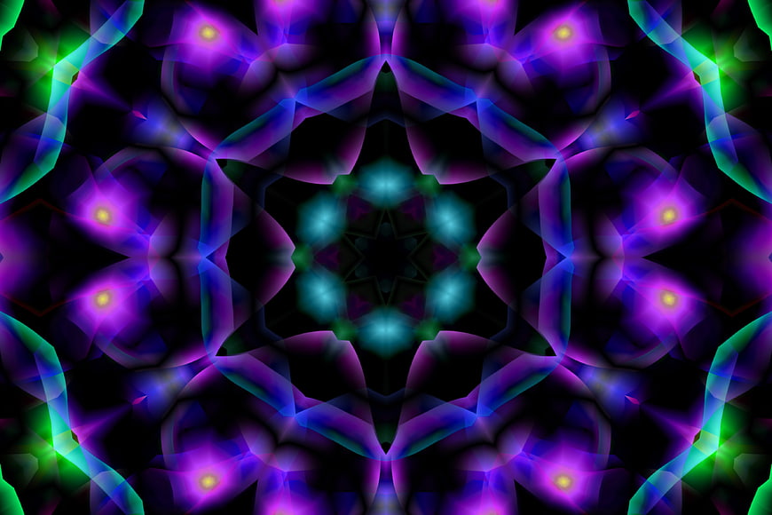 Abstract purple and green kaleidoscope mandala pattern