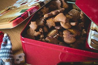 Traditional gingerbread cookies in a red Christmas tin