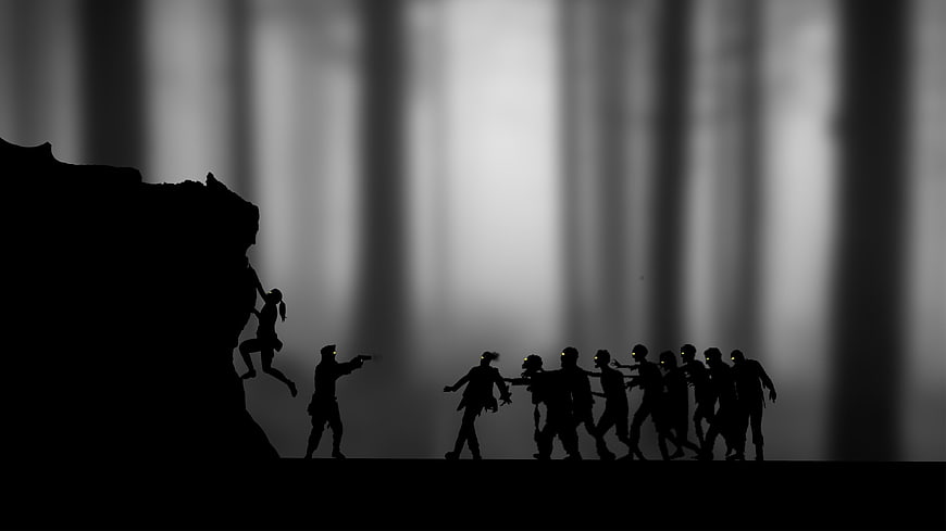 Silhouette of survivors fighting zombie horde in dark forest
