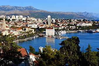 Split Croatia Harbor Panorama With Dalmatian Coastline And Mountains