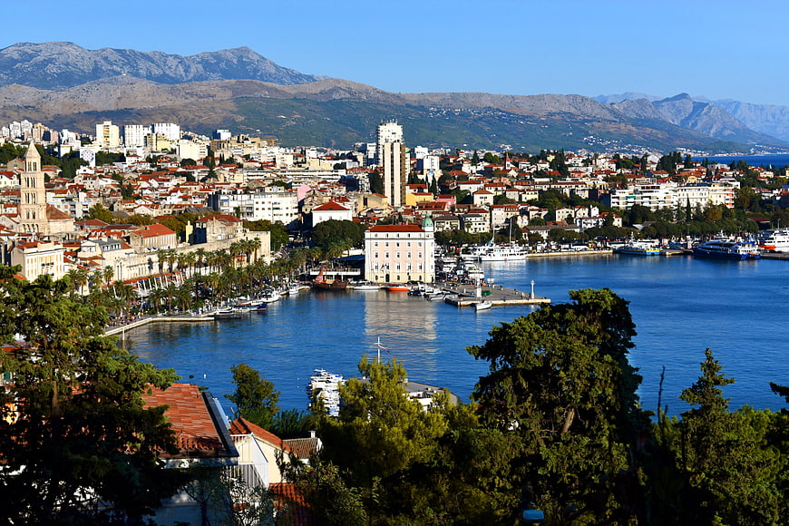 Split Croatia Harbor Panorama With Dalmatian Coastline And Mountains