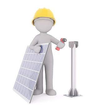 3D Construction Worker Installing Solar Panel on White Background