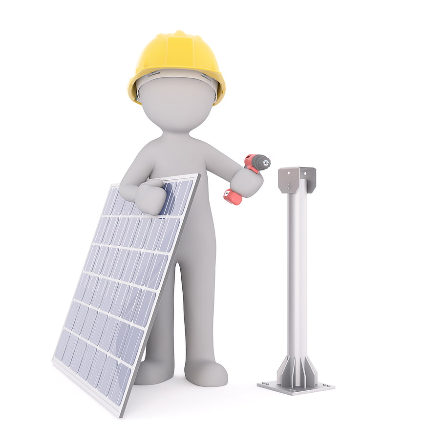 3D Construction Worker Installing Solar Panel on White Background