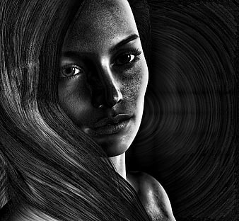 Dramatic Black and White Portrait of a Woman with Flowing Hair