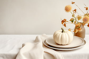 Minimalist White Pumpkin Autumn Table Setting with Dried Flowers