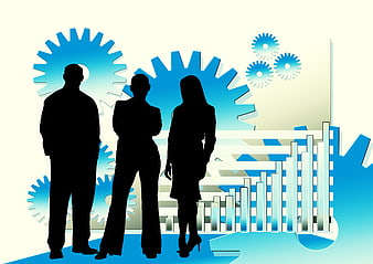 Business Team Silhouettes With Gears And Financial Charts