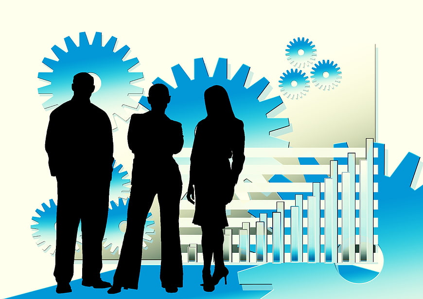 Business Team Silhouettes With Gears And Financial Charts
