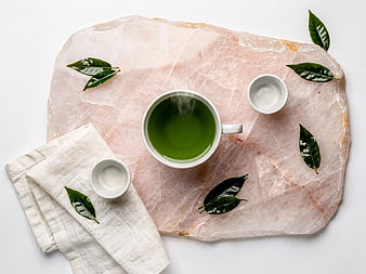 Overhead View of Green Tea on Pink Salt Rock