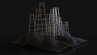 3D Render of Wooden Ladders on Dark Abstract Terrain