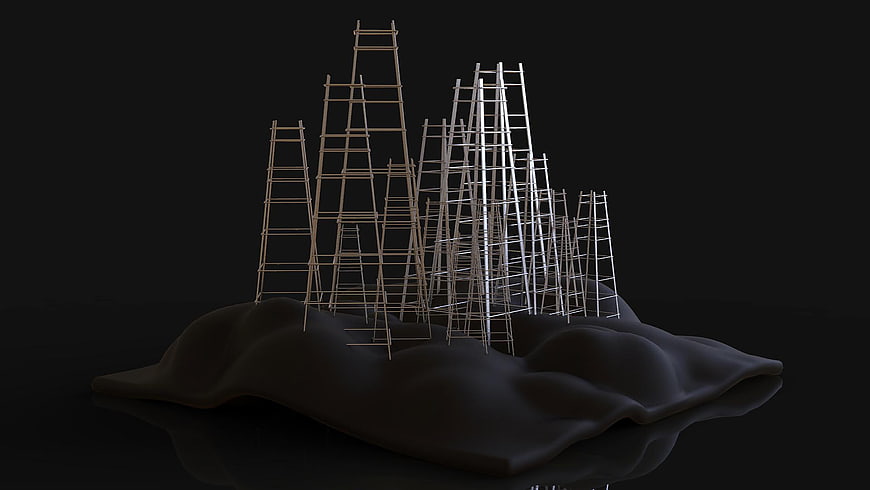 3D Render of Wooden Ladders on Dark Abstract Terrain