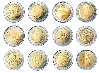 Collection of various European 2 Euro coins on white background