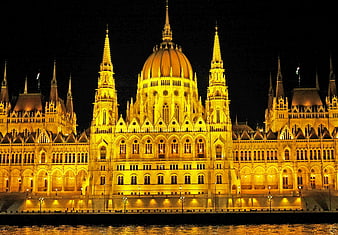 Hungarian Parliament Building Illuminated at Night
