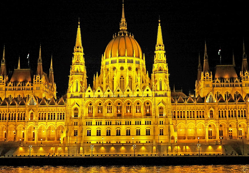 Hungarian Parliament Building Illuminated at Night