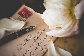 Vintage fountain pen and white tulip on handwritten letter