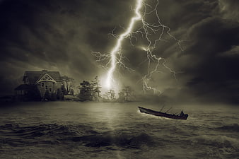 Dramatic Lightning Storm Over Lake with Boat and House