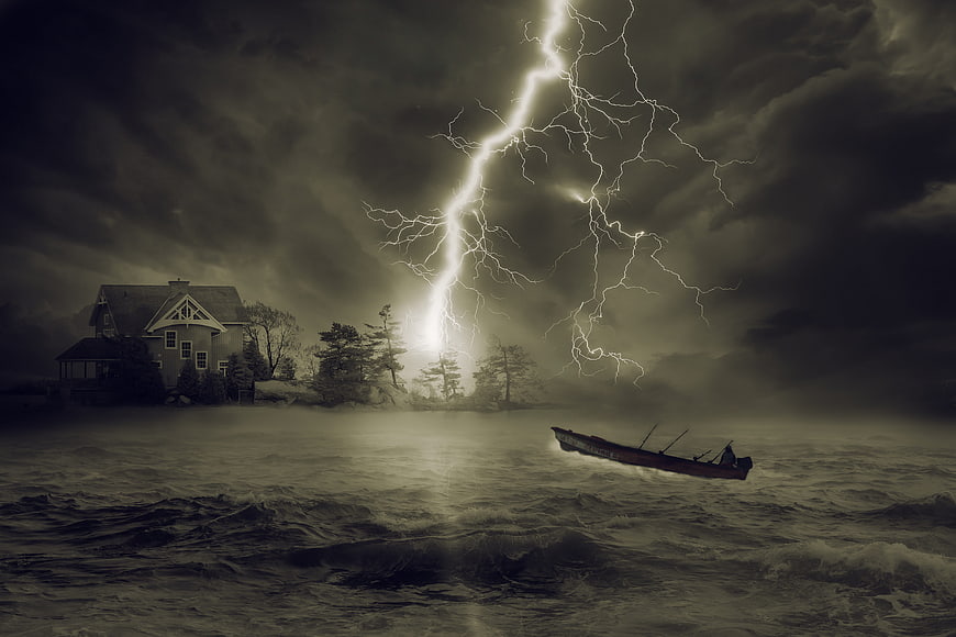Dramatic Lightning Storm Over Lake with Boat and House