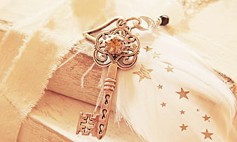 Vintage ornate key charm with feather and stars on books