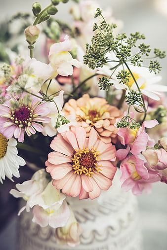 Pastel Flower Bouquet in White Ceramic Vase