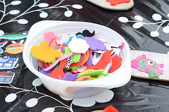 Colorful Felt Shapes in White Bowl for Kids Crafts