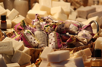 Handmade Soap Bars and Fabric Sachets in Wicker Basket