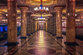 Grand Symmetrical Marble Subway Station Interior With Chandeliers