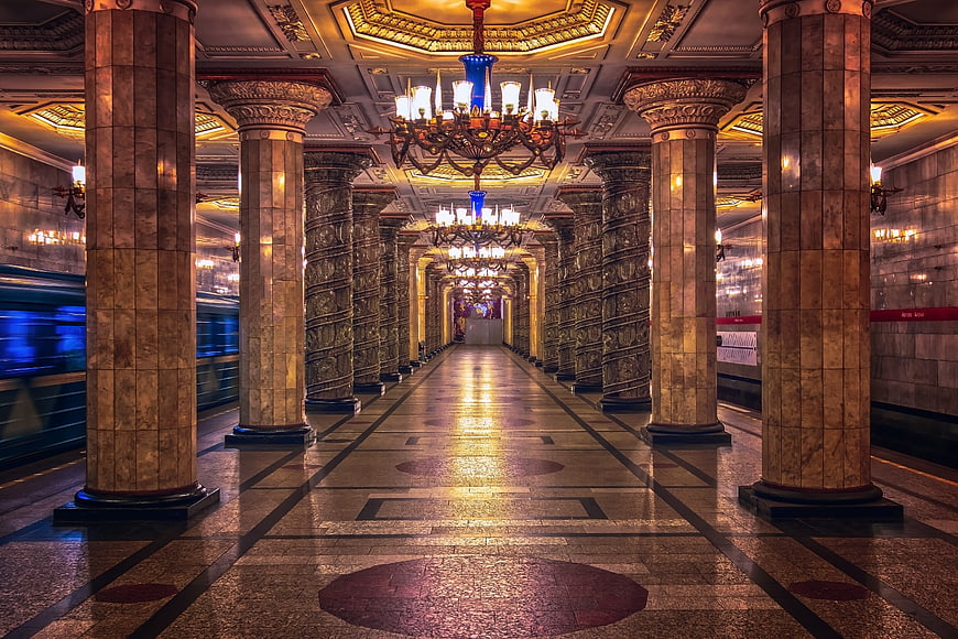Grand Symmetrical Marble Subway Station Interior With Chandeliers