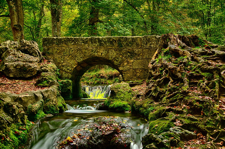 Old Stone Bridge Over Mossy Stream in Forest