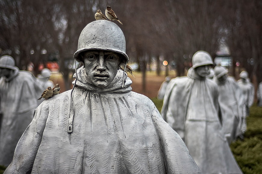 Statue of soldier with birds perched on helmet