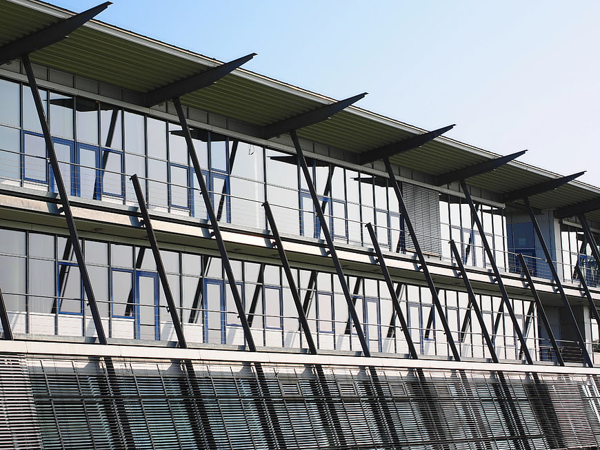 Modern Office Building Facade with Diagonal Supports