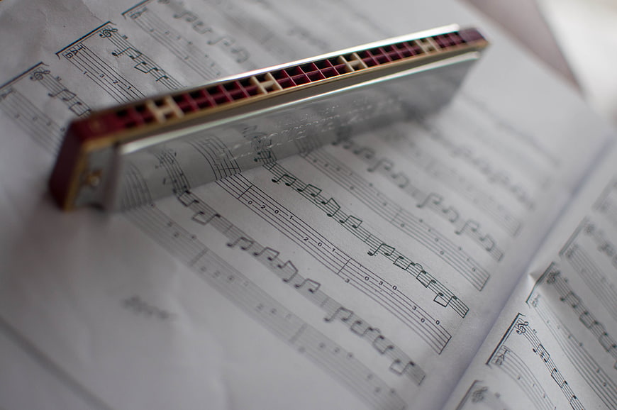 Silver harmonica resting on sheet music