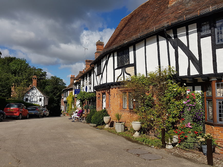 Traditional English Tudor Street with Half-Timbered Houses